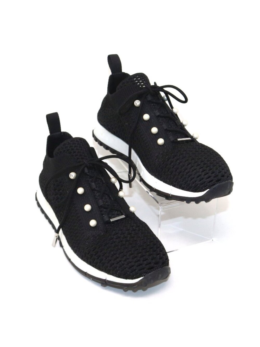 Jimmy Choo 38.5 Veles Open Crochet Knit Black Sneakers Pearl Logo